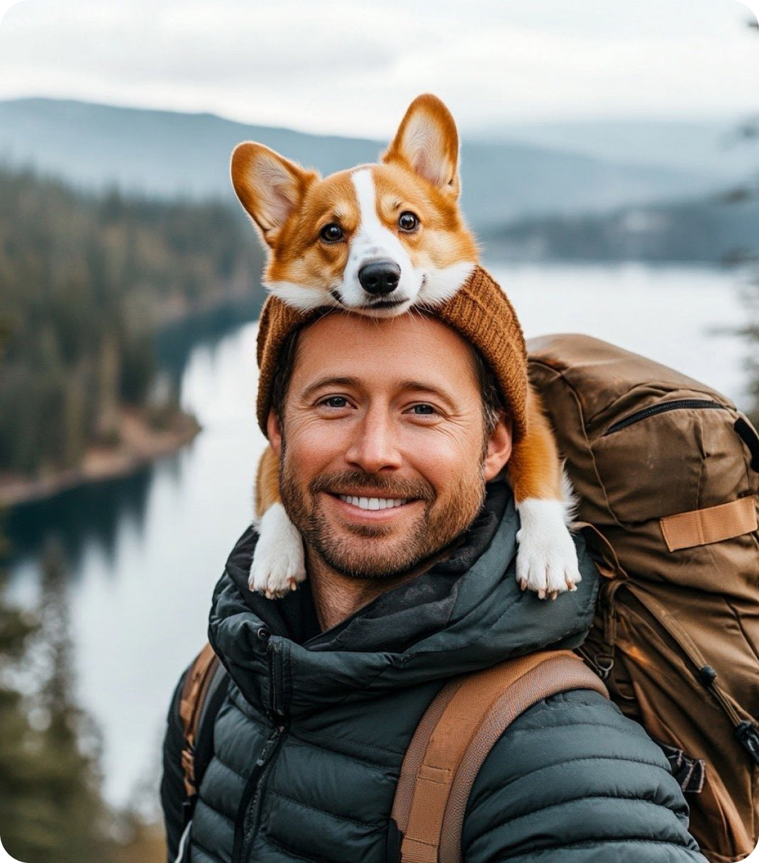 hiker with pet dog on head