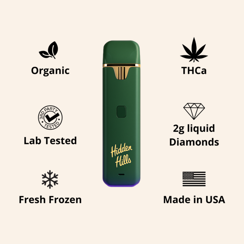 Green vape pen with certification icons on a white background
