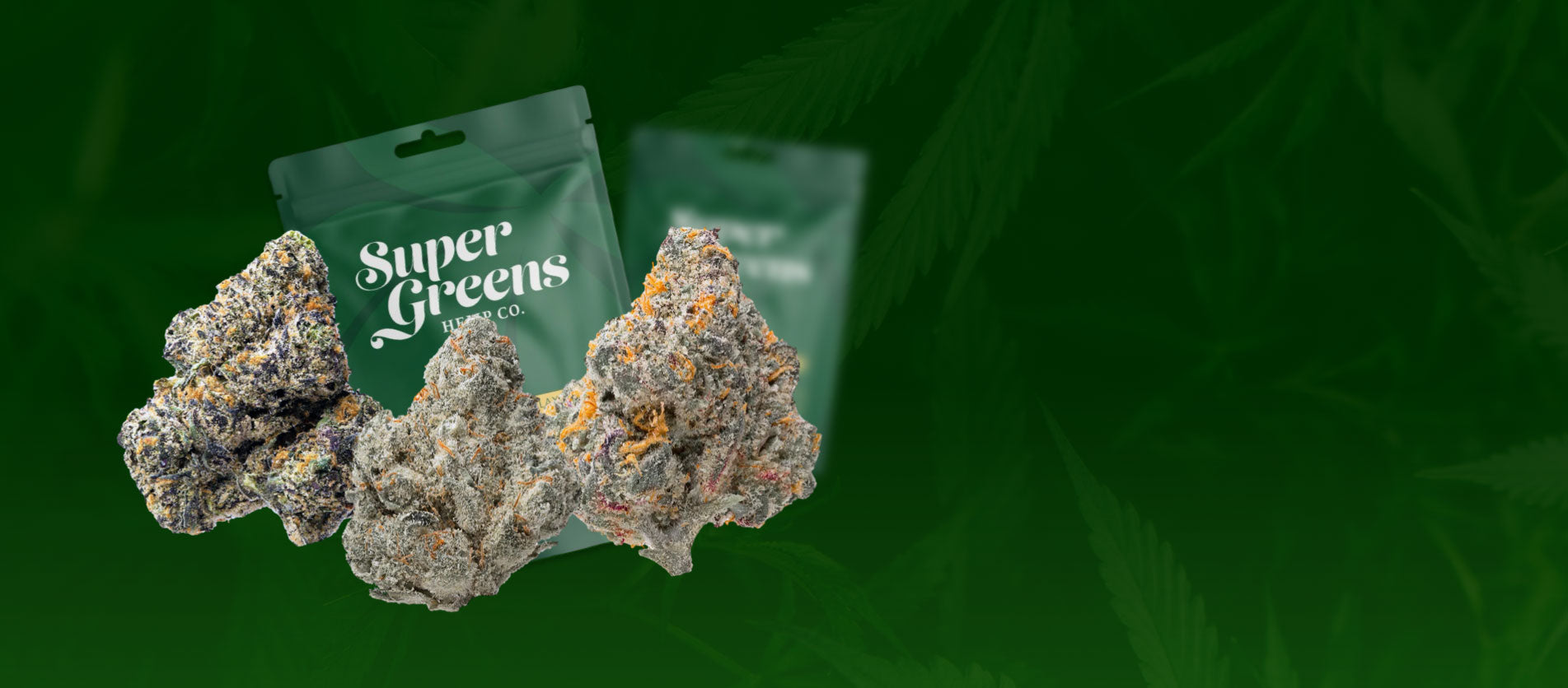 Super Greens packages with cannabis buds on a green leafy background
