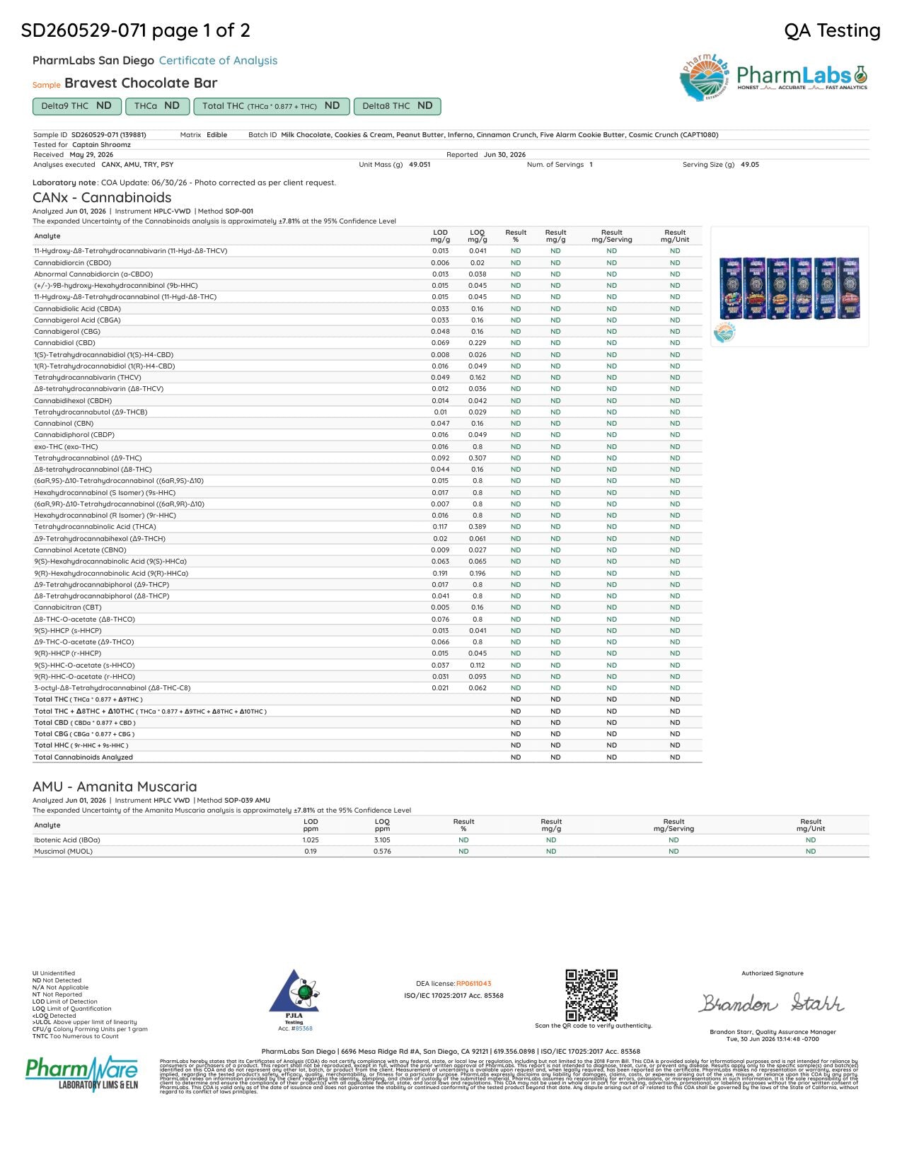 Certificate of analysis, page 1 of 2