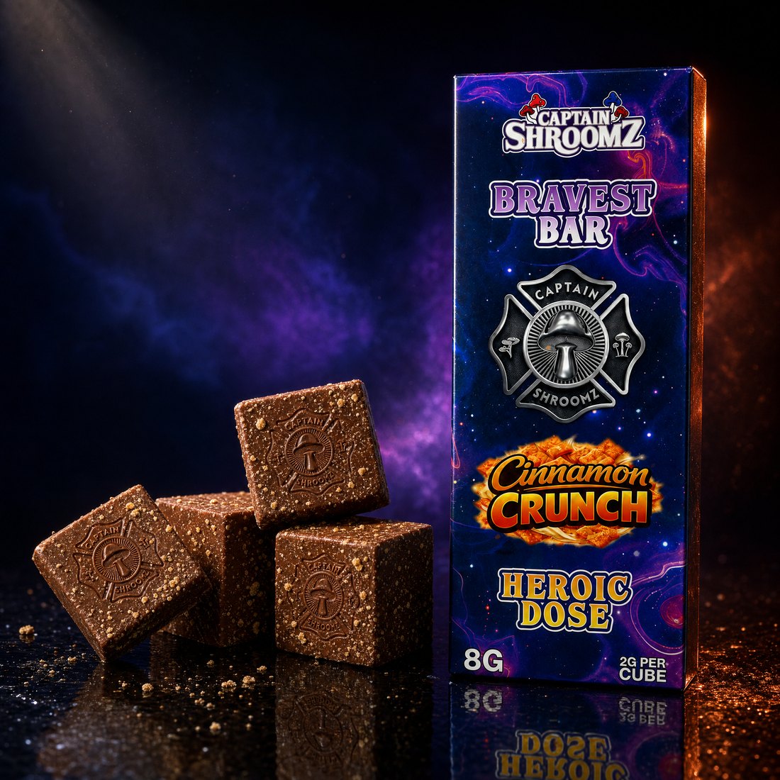 Bravest Bar with four chocolate cubes on a dark reflective surface