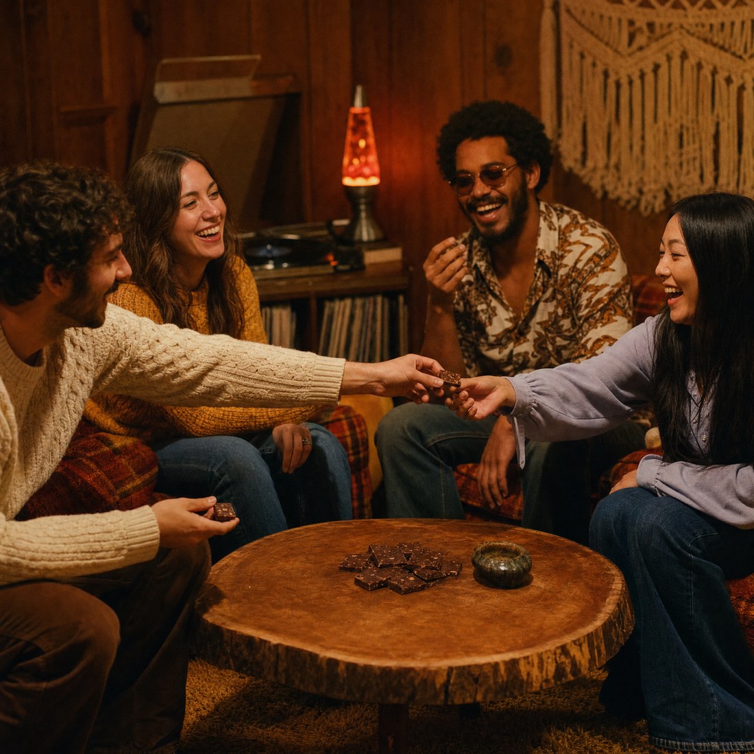 Four friends laughing together in a wood-panelled 1970s den, passing squares of chocolate around a low table