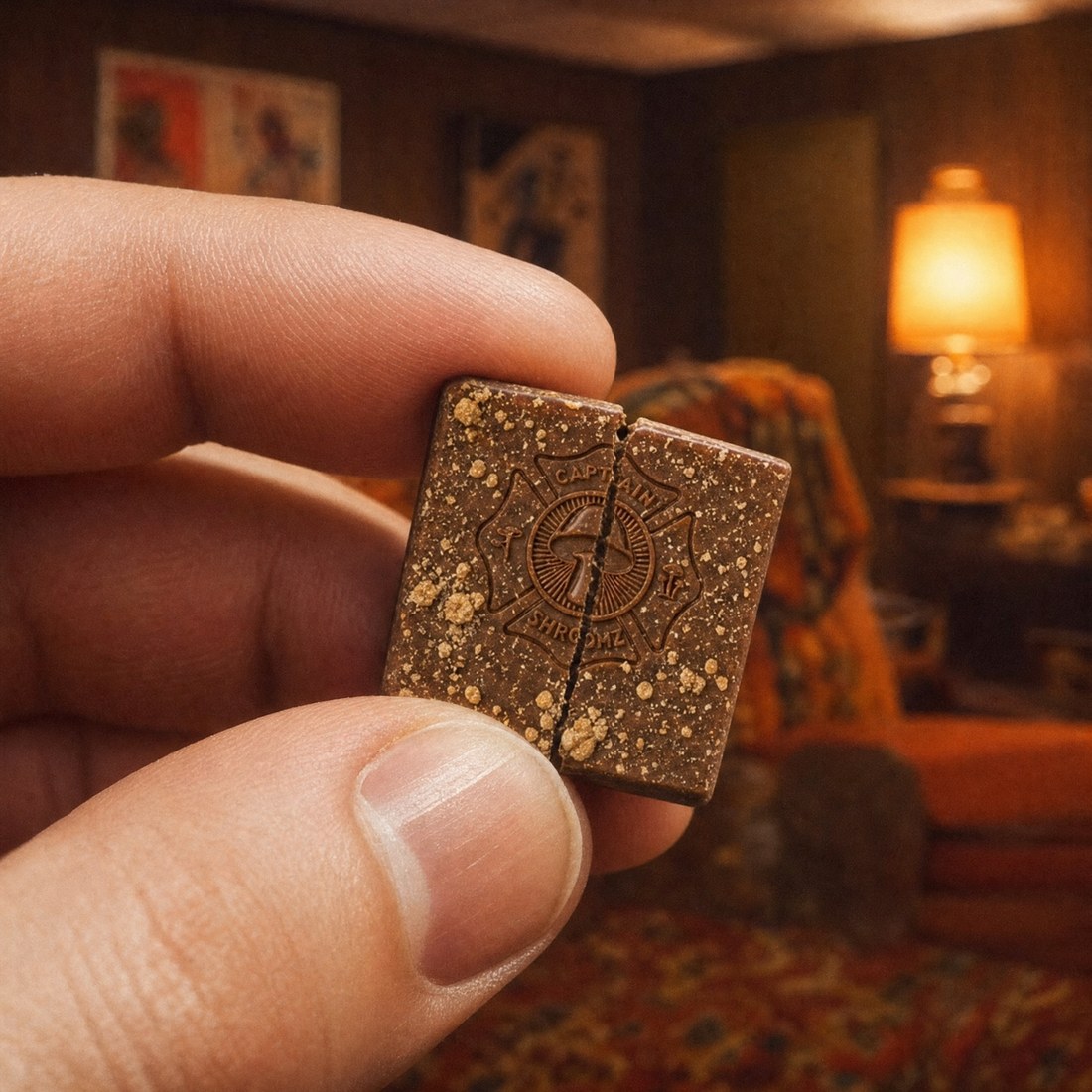Hands snapping a cube of the chocolate in half over a wood table in a 1970s den
